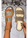 Gold Glittering Hollow Out Dual Straps Flat Slides Shoes