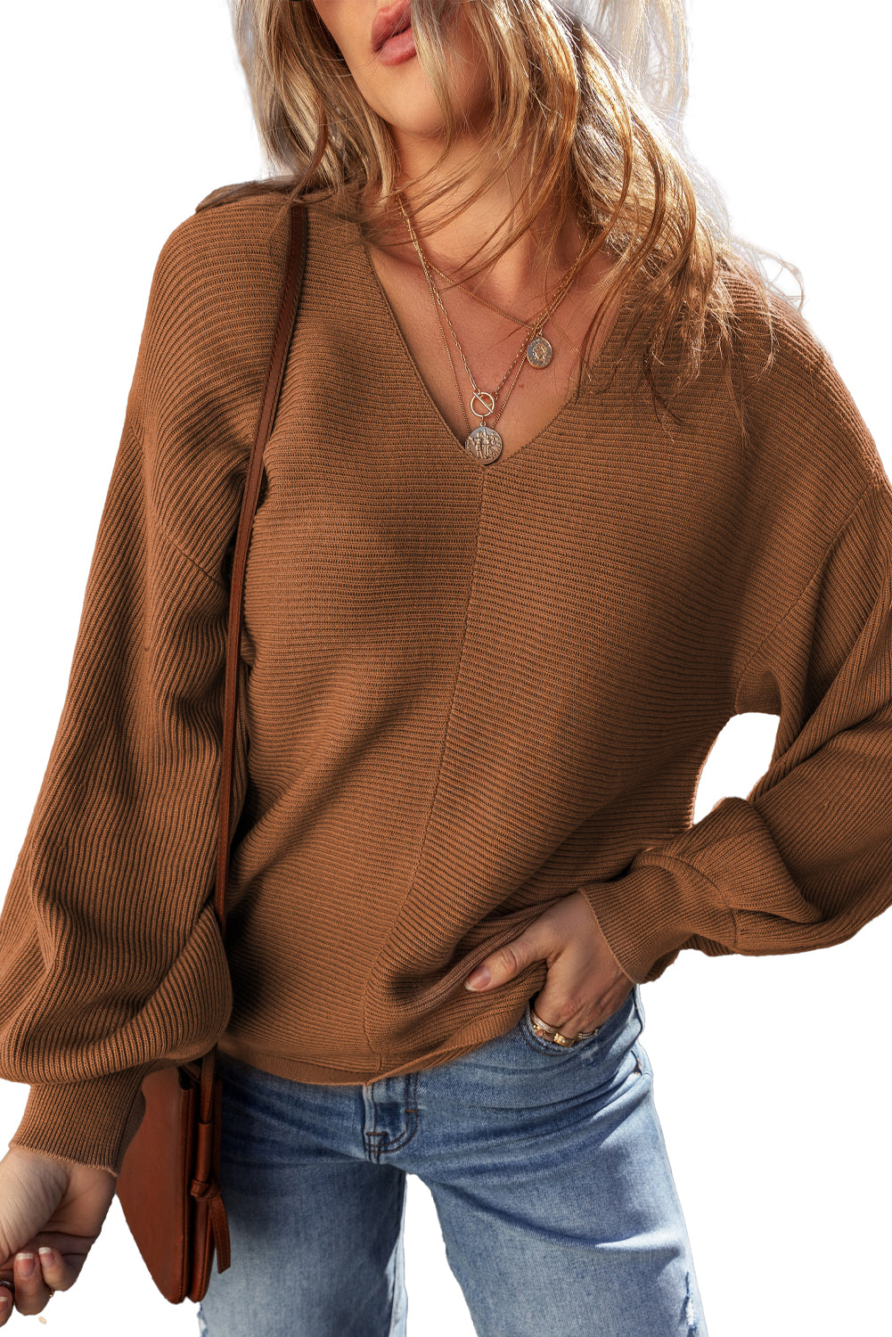 Camel Ribbed Knit Drop Sleeve V Neck Loose Fit Sweater