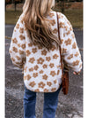 Light French Beige Cute Flower Pattern Button Up Fleece Jacket