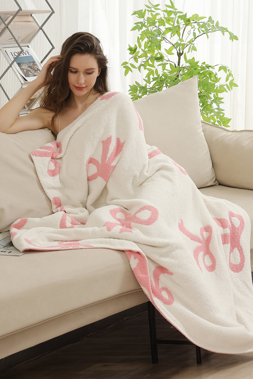 Rose Red 127*152cm Bow Printed Cozy Soft Throw Blanket