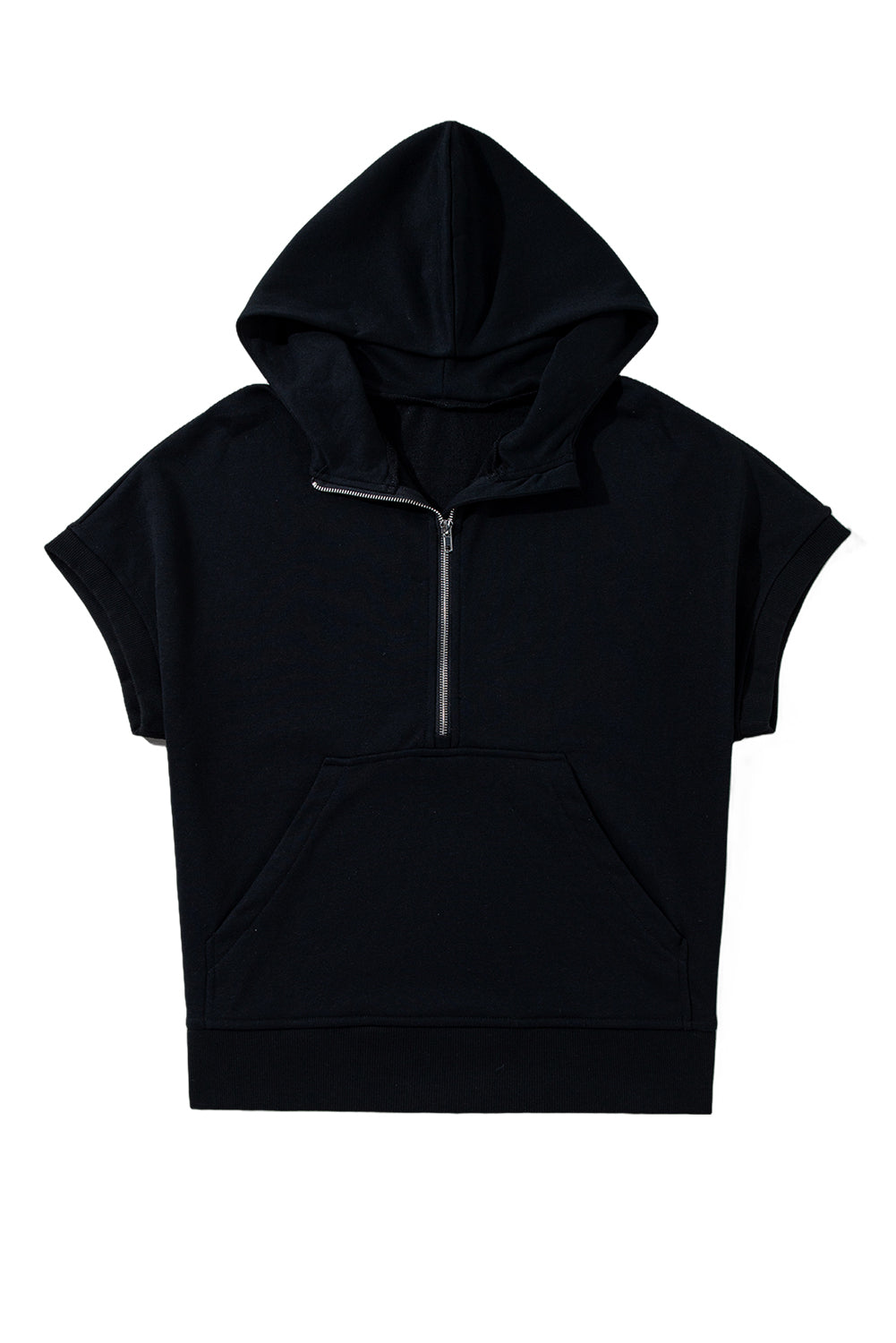 Bonbon Half Zipper Kangaroo Pocket Short Sleeve Hoodie