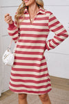 Pink Stripe Pocketed Collared V Neck Loose Fit Mini Dress