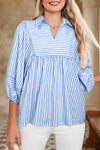 Sky Blue Striped Ric Rac Trim Collared V Neck Blouse