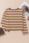 Spinach Green Striped V-Neck Rib-knit Pullover Top