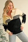 Black Colorblock Stripe Collared V Neck Sweater