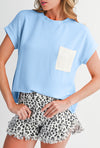 Dark Blue Corded Knit Color Block Pocketed Crew Neck T Shirt
