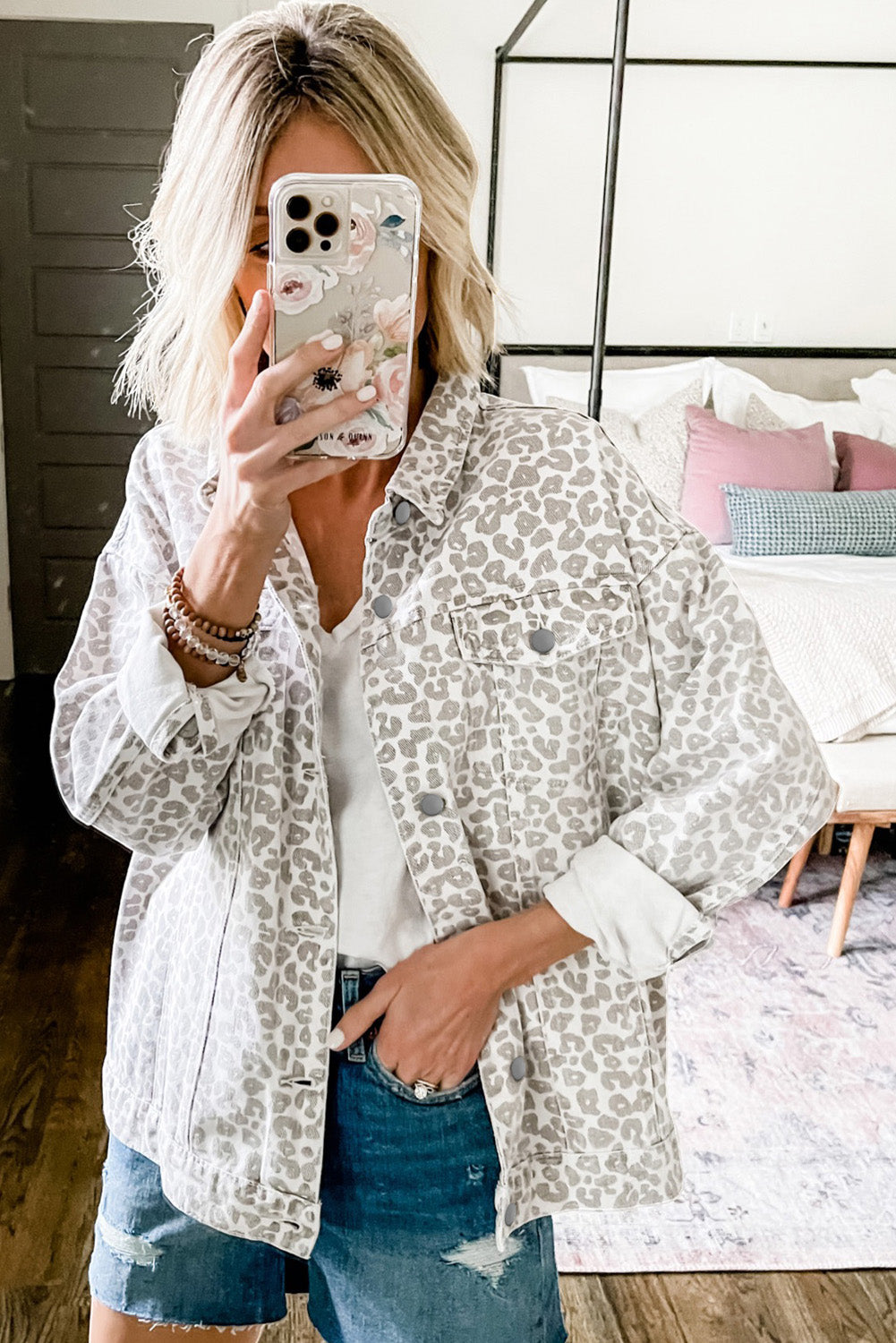 White Leopard Printed Flap Pocket Denim Jacket