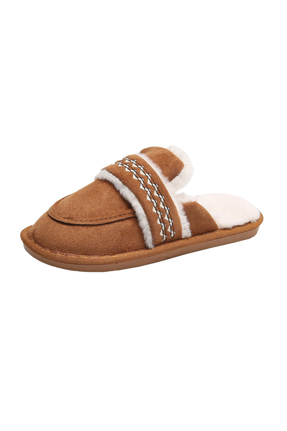 Chestnut Suede Wavy Striped Plush Lined Home Slippers