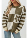 Brown 60s Floral Checkered and Striped Knitted Pullover Sweater - Cocoa Yacht Club