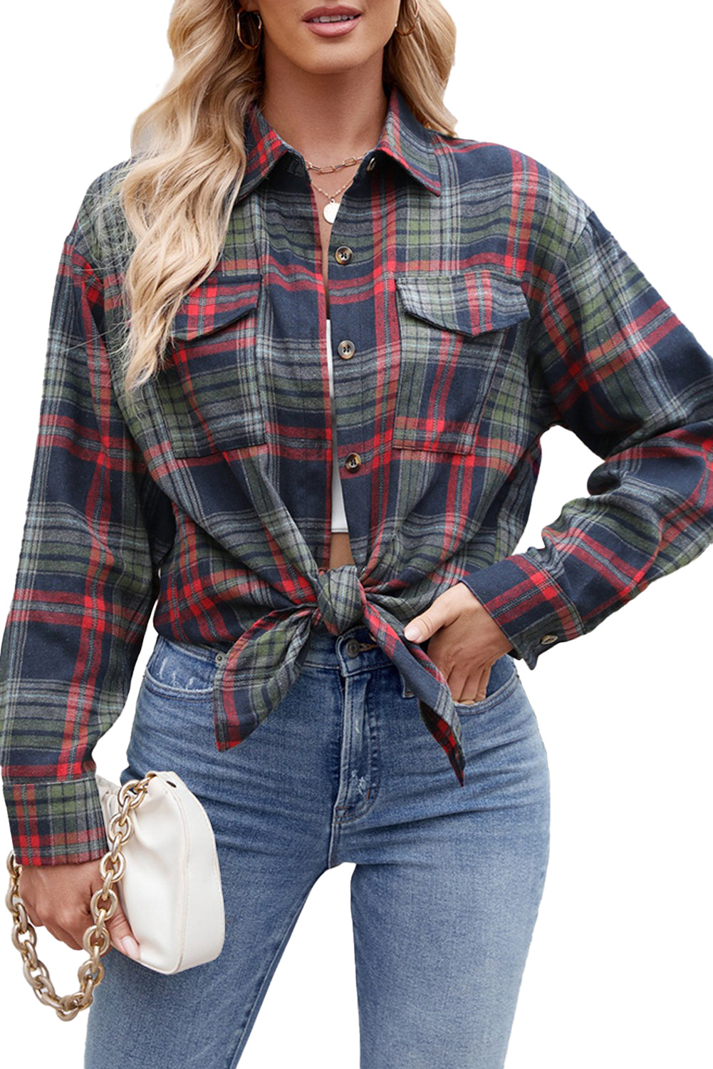 Green Plaid Chest Pocket Button Front Shirt