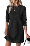 Black Plain Textured Long Sleeve Shift Short Dress