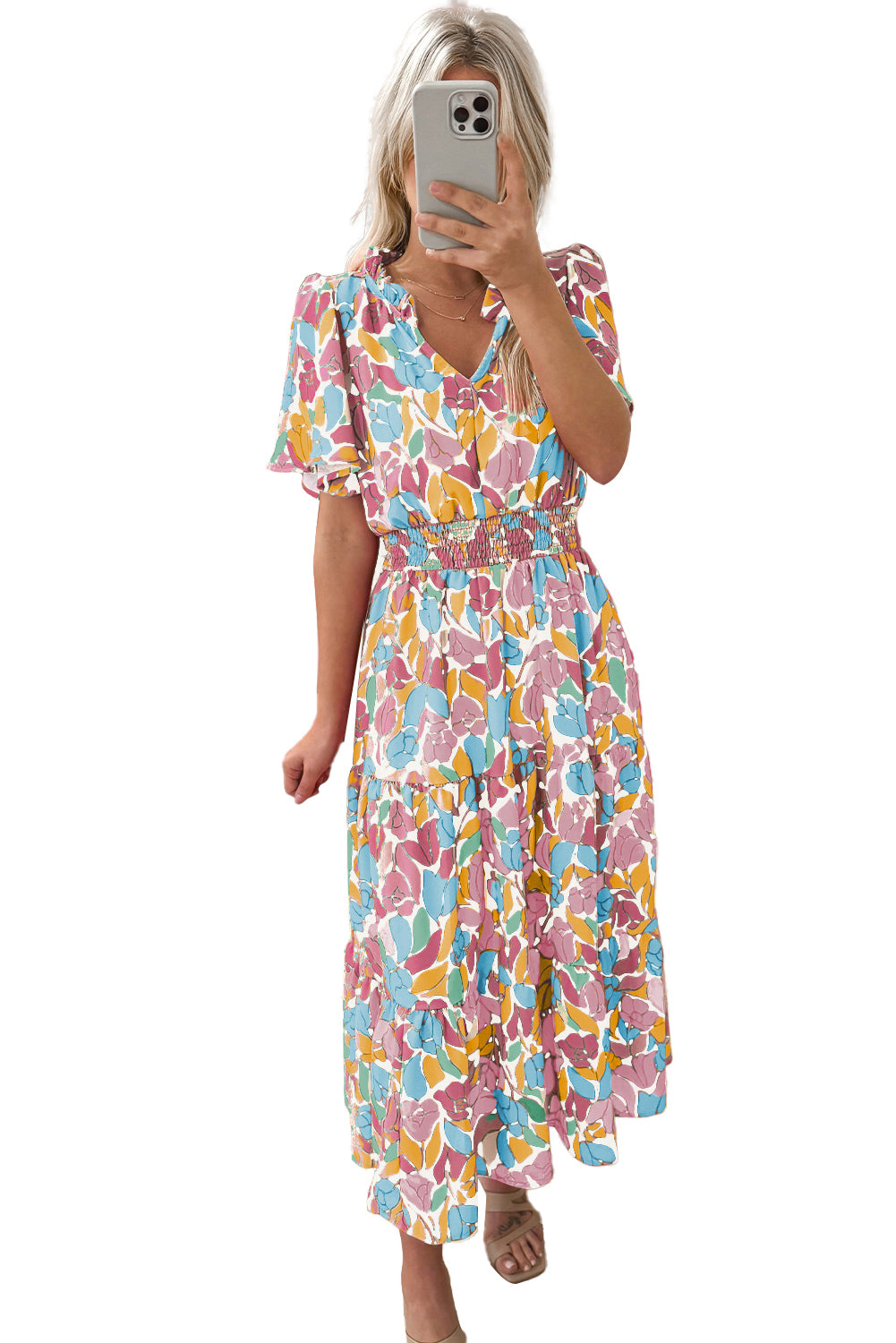 Rose Floral Flounce Sleeve Smocked Waist Tiered Maxi Dress