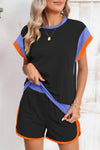 Blue Color Block Loose Fit Top and Elastic Waist Shorts Set