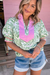 Green Leaves Pattern Colorblock V Neck Puff Sleeve Blouse
