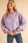 Parchment Crochet Patchwork Exposed Seam Ribbed Trim Sweatshirt