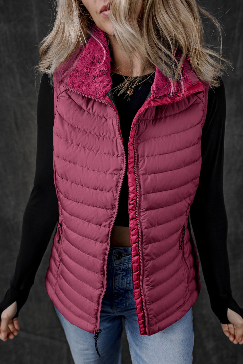 Sky Blue Plush Collared Quilted Zipped Puffer Vest