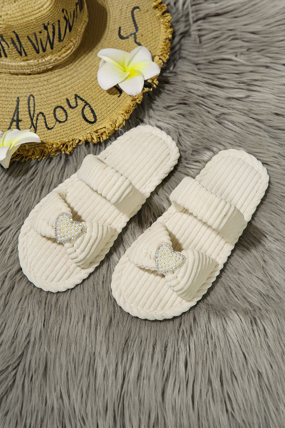 White Pearled Heart Shape Ribbed Flat Slippers