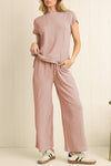 Blue Solid Corded Short Sleeve T Shirt and Wide Leg Pants Set