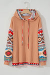 Khaki Geometric Patchwork Waffle Knit Plus Size Hoodie