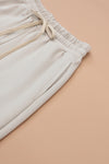 Beige Plain Long Sleeve Top & Drawstring Pants Two Piece Pants Set