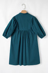 Blue Sapphire Puff Sleeve Pleated Pop of Color Neckline Dress