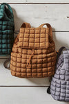 Coffee Solid Flapped Quilted Puffer Backpack