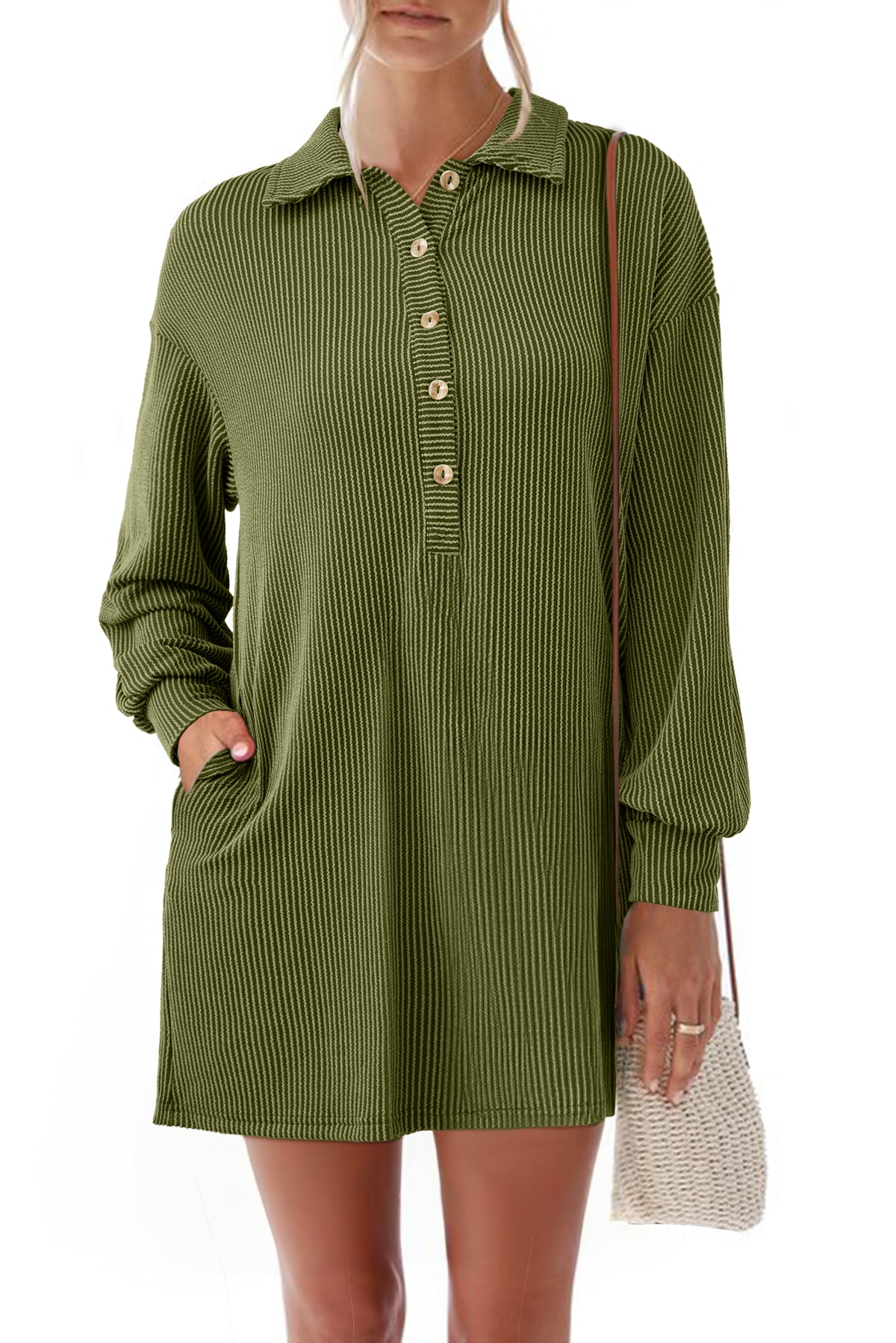 Moss Green Corded Buttons Placket Collared Shift Dress