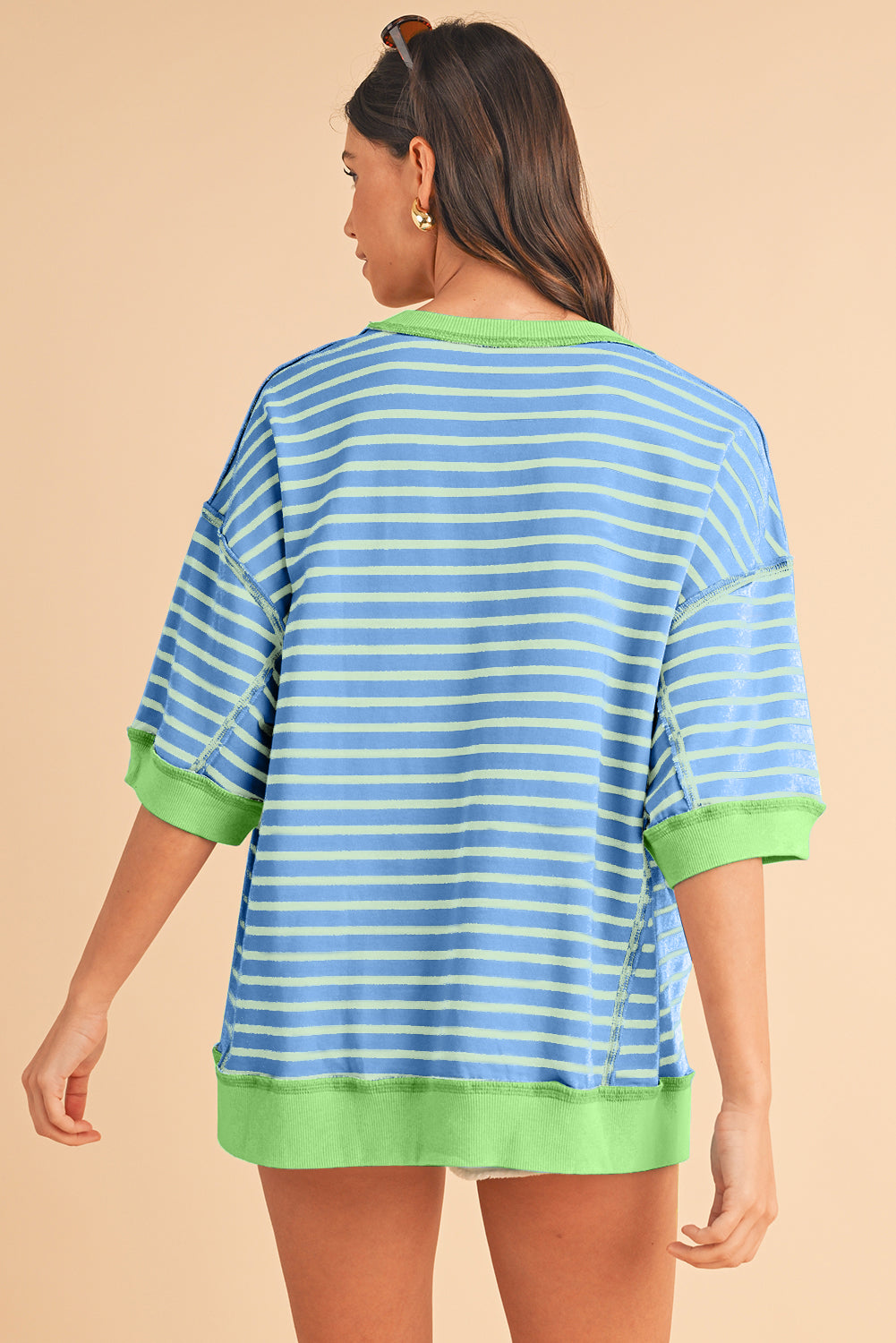 Sky Blue Stripe Contrast Drop Sleeve Loose Top