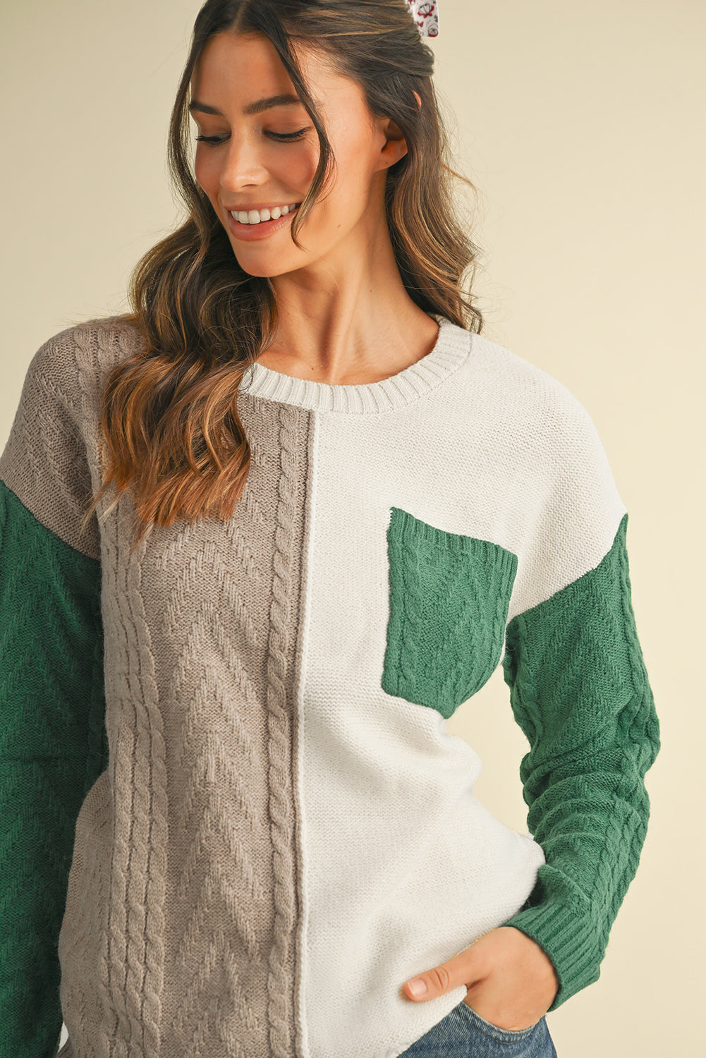 Rose Tan Colorblock Pocket Drop Shoulder Sweater