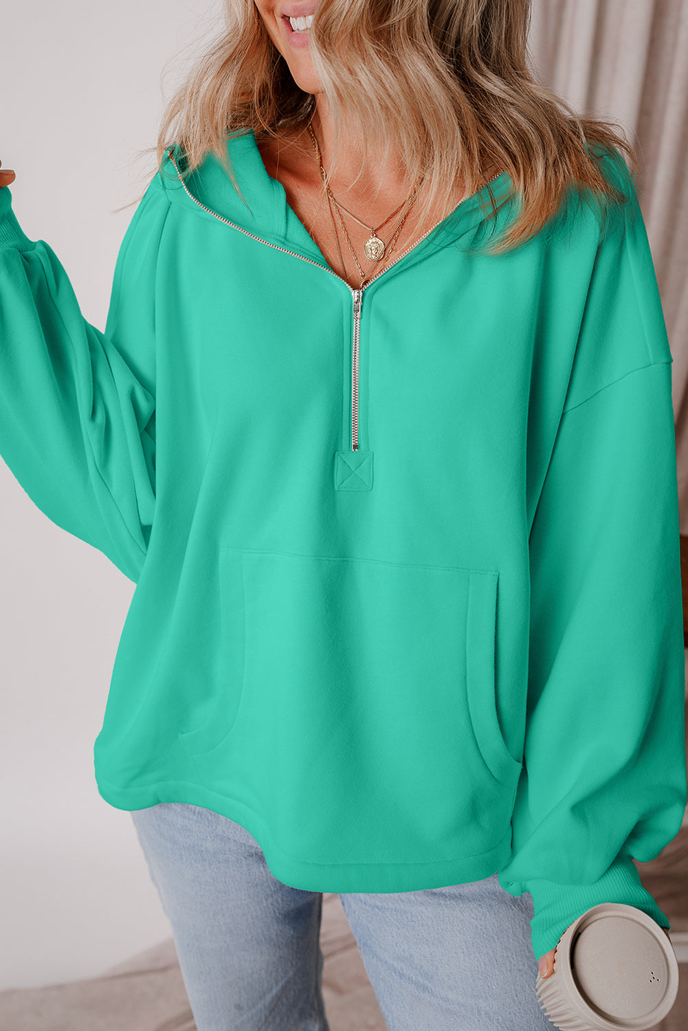 Smoke Green Half Zipper Kangaroo Pockets Drop Shoulder Hoodie