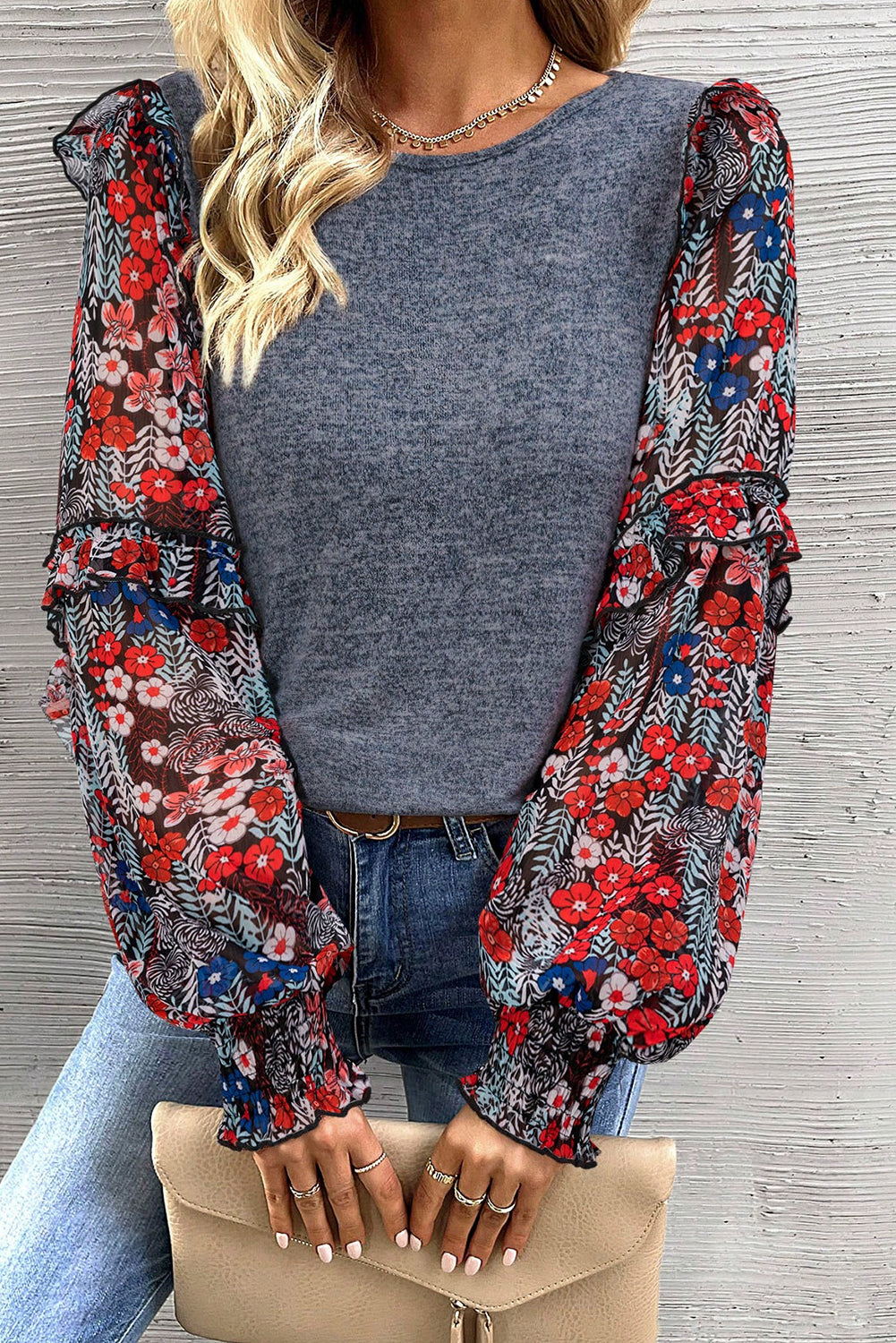 Blue Floral Ruffle Sleeve Patchwork Top