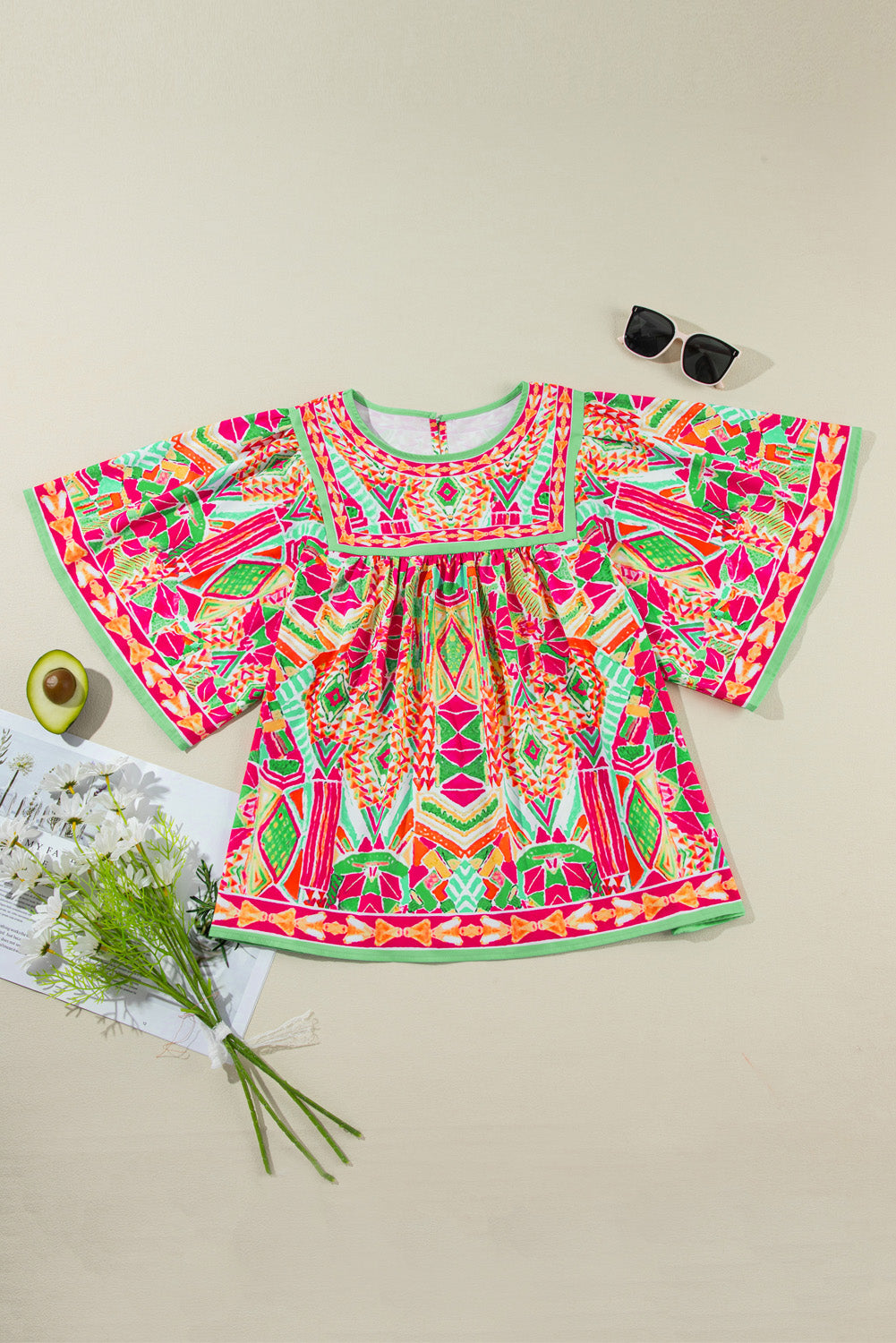 Green Geometric Print Bell Sleeve Plus Size Blouse