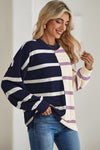 Light Beige Striped Colorblock Drop Shoulder Sweater