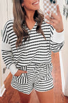 Black Stripe Textured V Neck Long Sleeve Top and Shorts Plus Size Set