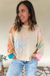Jet Stream Contrast Flower Detail Colorblock Cuffed Loose Sweater