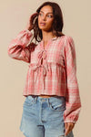 SO ME Front Tie Checkered Plaid Blouse