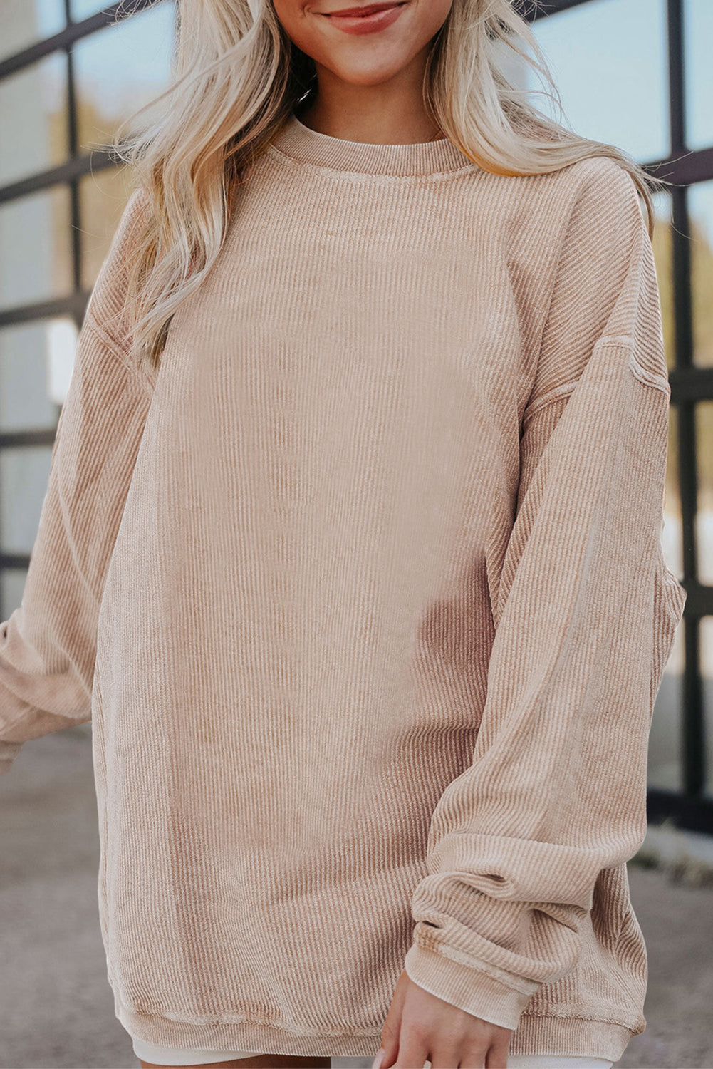 Light Grey Drop Shoulder Crinkle Rib Oversized Sweatshirt