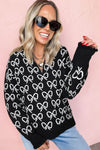 Black Cute Bow Pattern Drop Shoulder Zipped Collar Sweater