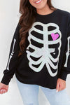 Black Skull Print Heart Sequin Round Neck Sweatshirt