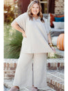 Beige Plus Size Textured Collared Top and Drawstring Pants Set