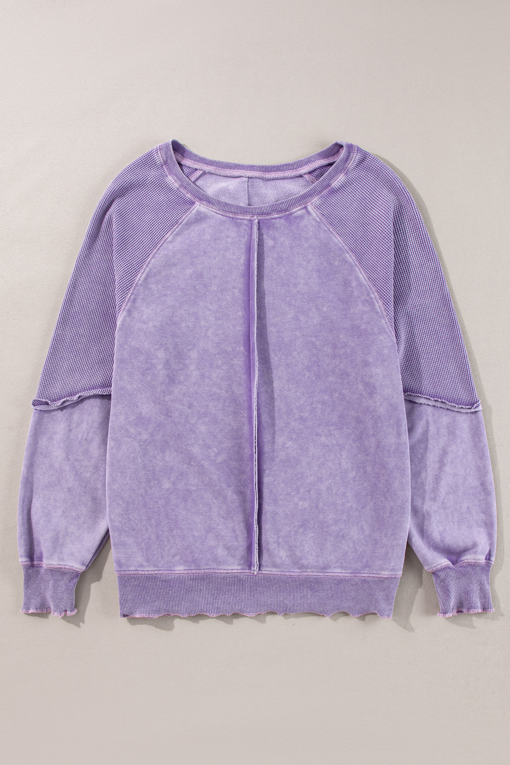 Orchid Petal Waffle Patchwork Raglan Sleeve Exposed Seam Sweatshirt