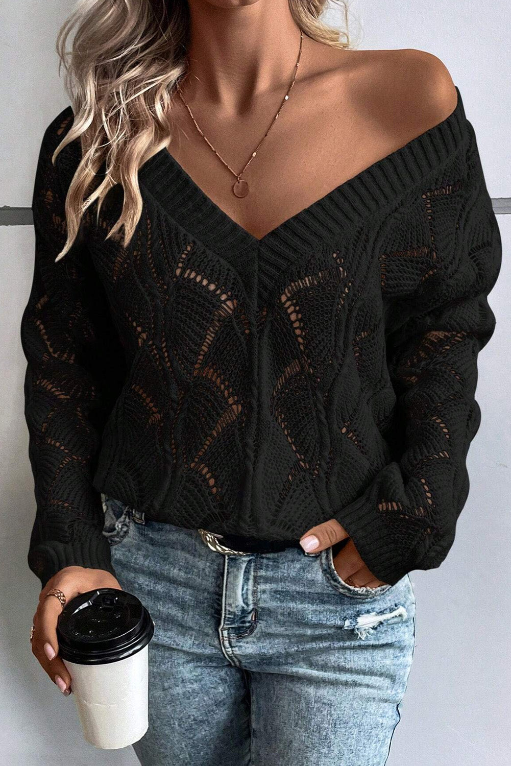 Sweaters Beige Knit Hollow Out V Neck Drop Shoulder Sweater.