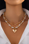 Gold Heart Pendant Pearl Chain 2pcs Necklace Set