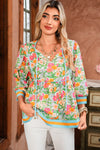 Green Floral Print Striped Trim Puff Sleeve Babydoll Blouse