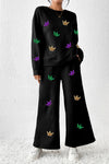 Black Textured Mardi Gras Crown Patched Long Sleeve Top and Wide Leg Pants Set