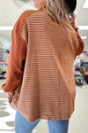 Red Stripe Textured Patched Drop Shoulder Buttoned Plus Size Sweatshirt