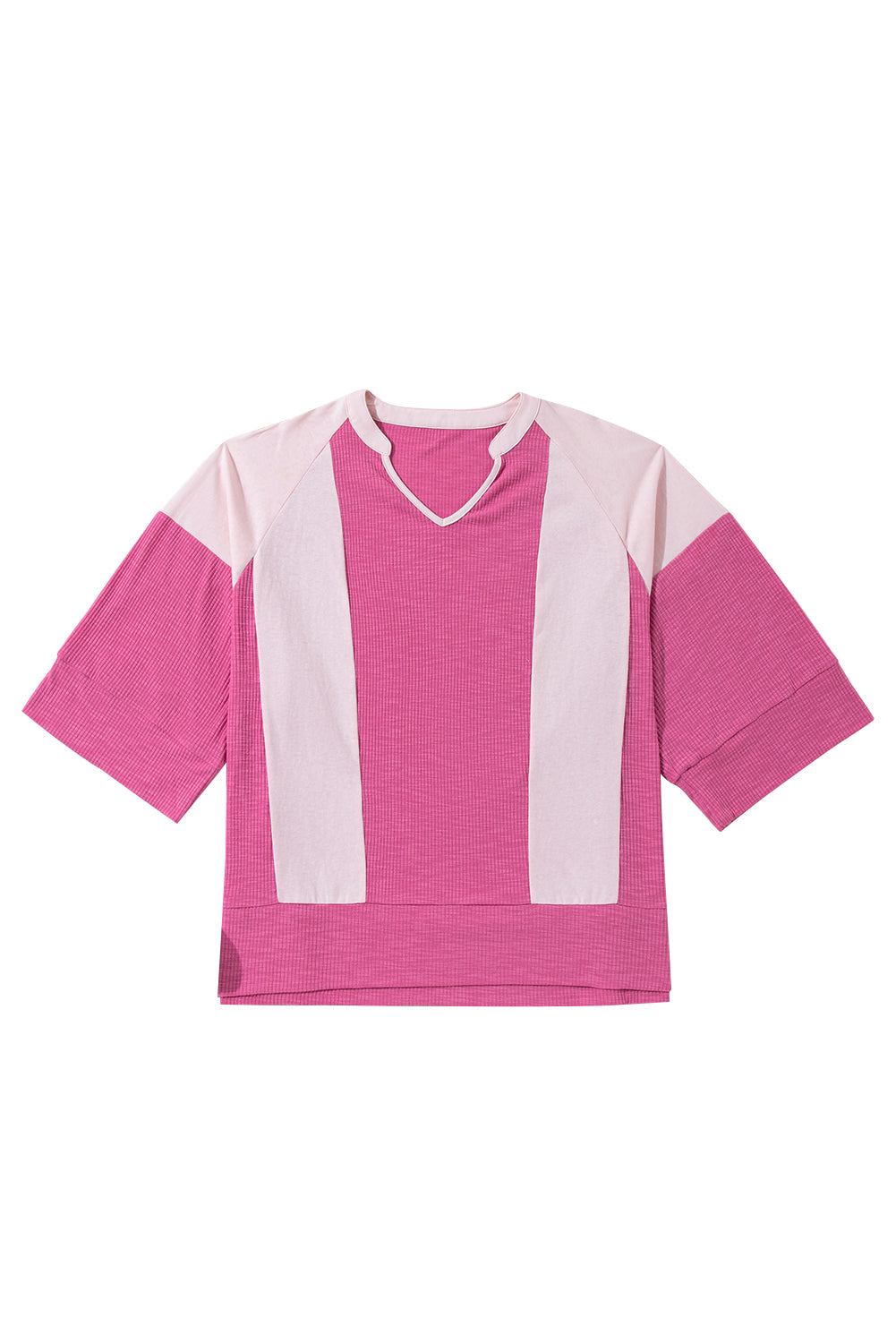 Bright Pink Ribbed Patchwork 3/4 Sleeve V Neck Loose Top