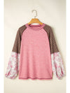 Fushia Floral Plaid Mixed Print Patchwork Raglan Ribbed Top