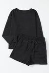 Black Textured Long Sleeve Top & Drawstring Shorts Set