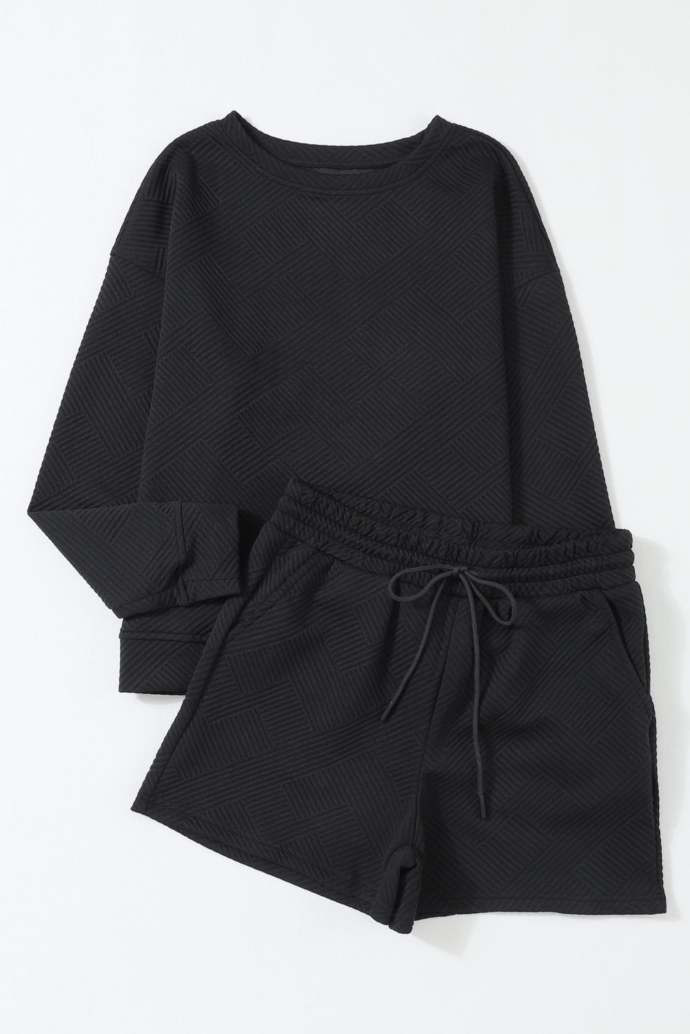 Black Textured Long Sleeve Top & Drawstring Shorts Set